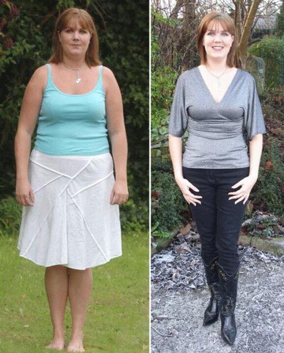 Γυναίκα πριν και μετά την απώλεια βάρους σε μια δίαιτα κεφίρ
